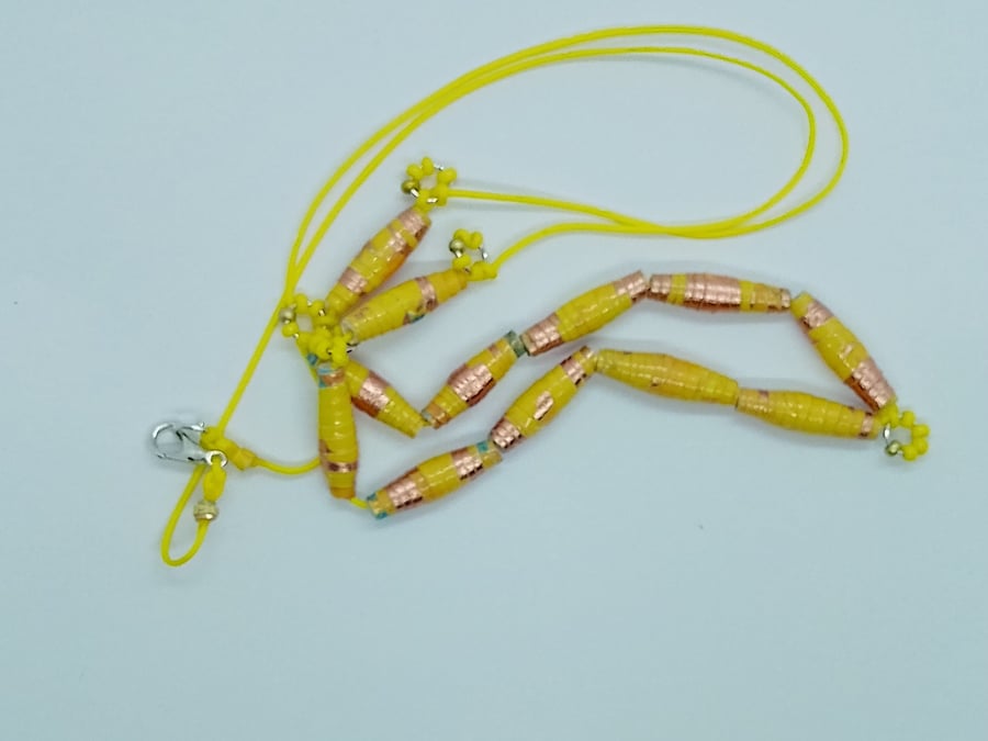 Handmade Summer Swirl Yellow Varnished Paper Bead Cord Necklace