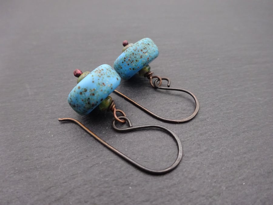 blue lampwork glass earrings, copper jewellery