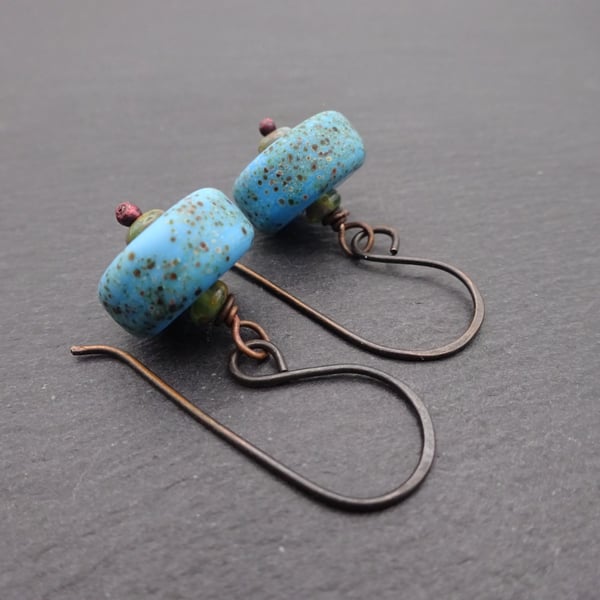 blue lampwork glass earrings, copper jewellery