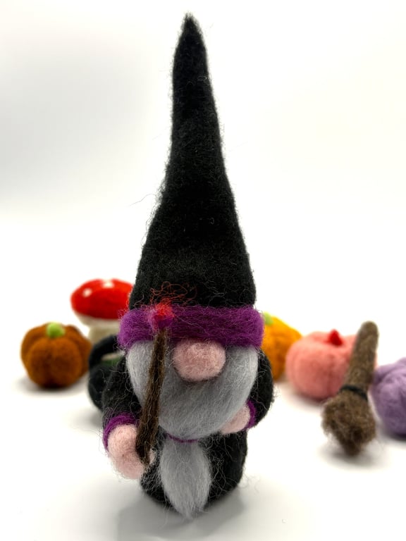 OOAK Handmade Needle Felted Halloween Wizard Gonk Black Coat, Hat & Wand 14.5cm