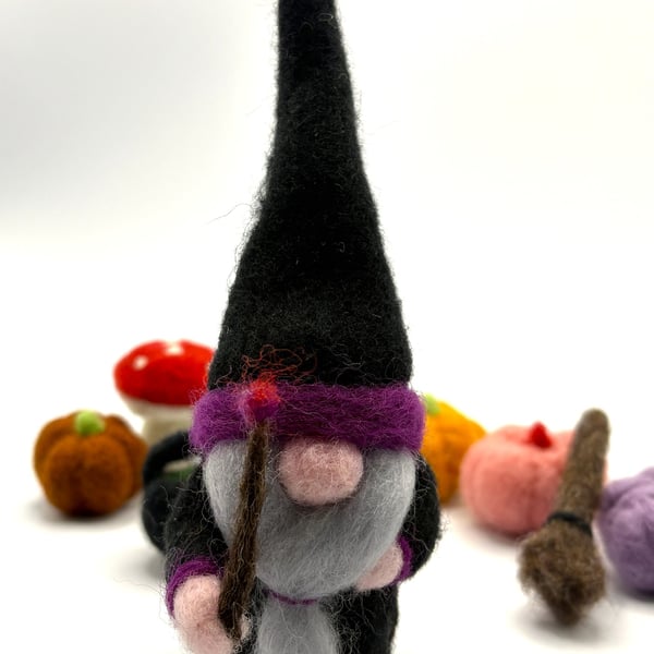 OOAK Handmade Needle Felted Halloween Wizard Gonk Black Coat, Hat & Wand 14.5cm