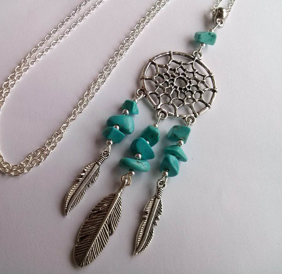 Turquoise Howlite Agate Dreamcatcher Necklace Silver Plate