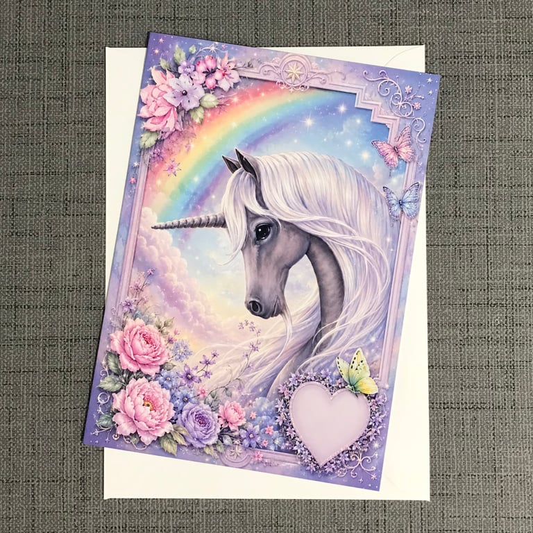 Magical Unicorn Greeting Card - A5 Fantasy Unicorn Card with Rainbow & Flowers