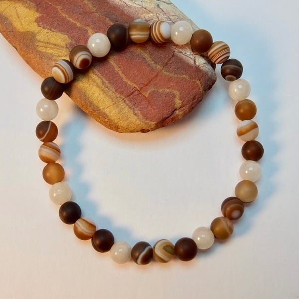 Frosted Brown Agate & Grey Jade Bracelet - Larger Wrist Size - Father's Day Gift