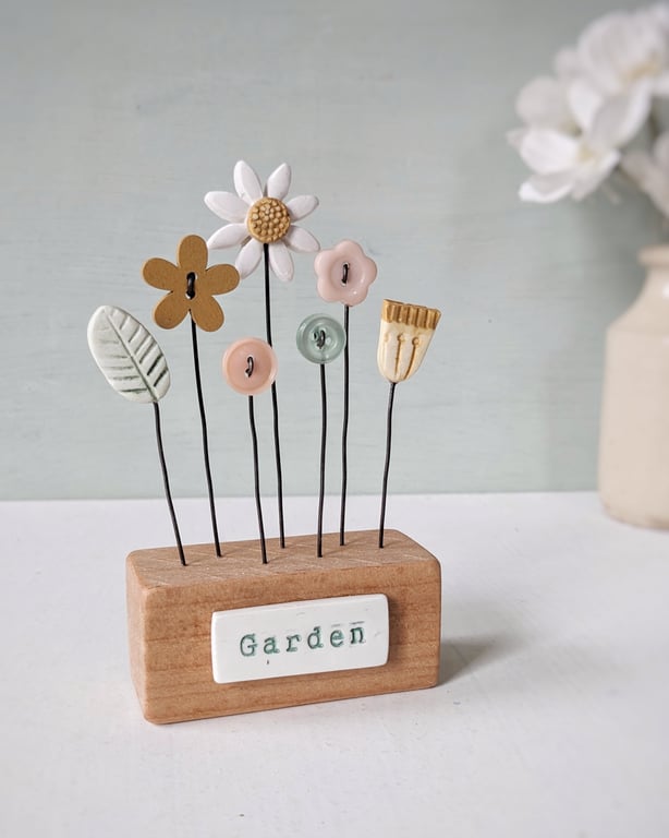 Clay and Button Flower Garden in a Wood Block 'Garden'