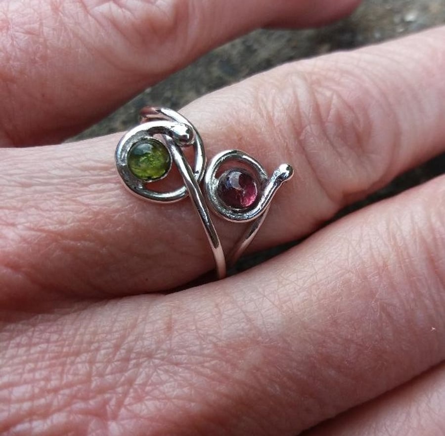 Twirly silver double tourmaline ring