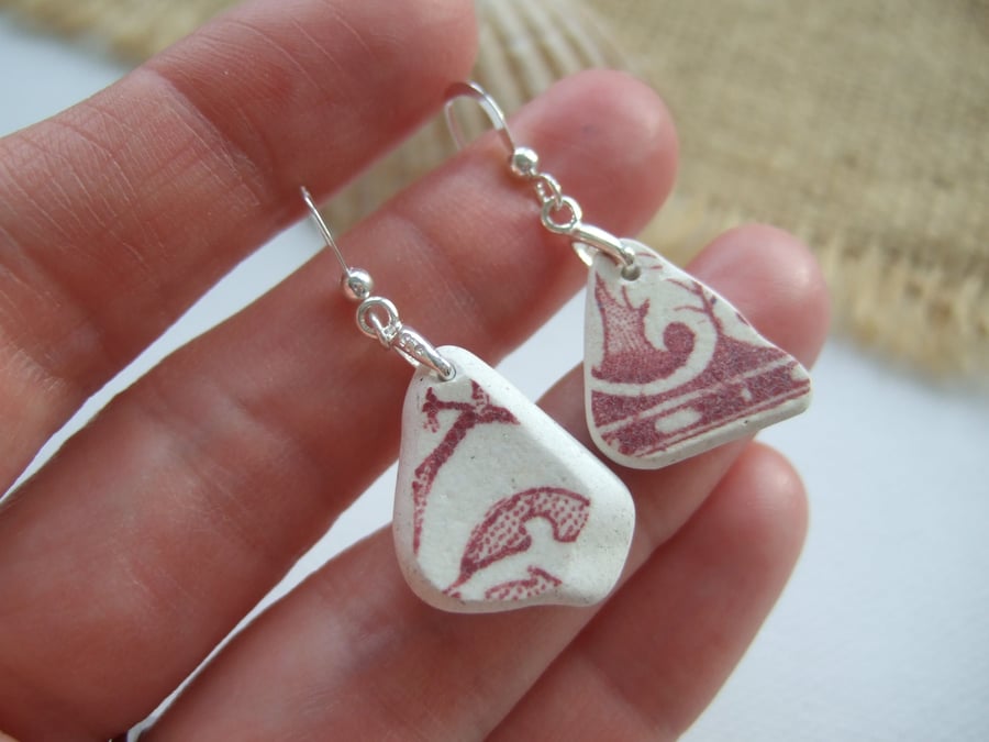 Scottish sea pottery red jewellery, Sterling Silver Wave Hooks