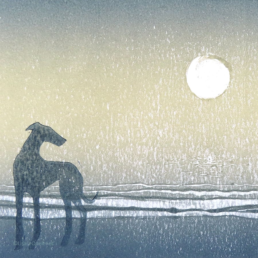 Monoprint evening beach a dog gazing at the moon original art ready to frame