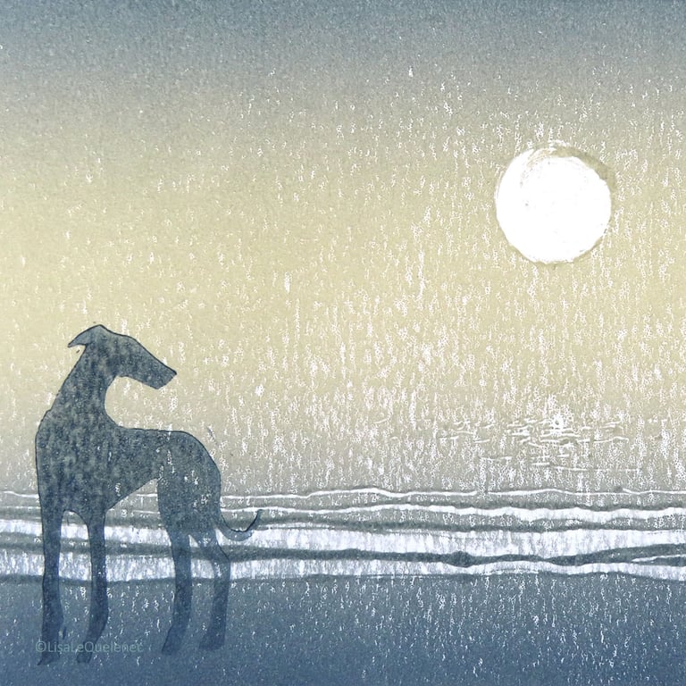 Monoprint evening beach a dog gazing at the moon original art ready to frame