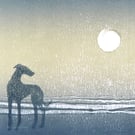 Monoprint evening beach a dog gazing at the moon original art ready to frame