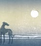 Monoprint evening beach a dog gazing at the moon original art ready to frame
