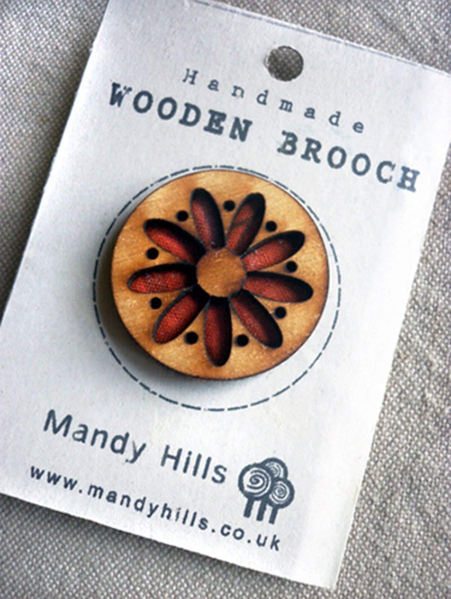 Wooden Flower Brooch - Orange