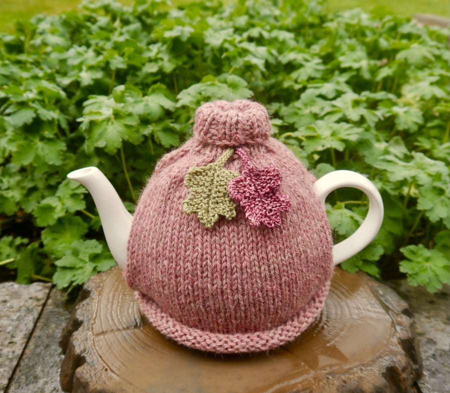 Pink Oak Leaf Tea Cosy, Roll Neck Teapot Cosy