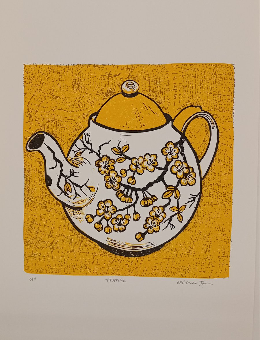 Yellow Teapot linocut print