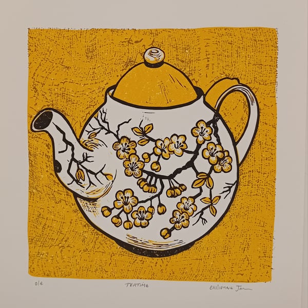 Yellow Teapot linocut print