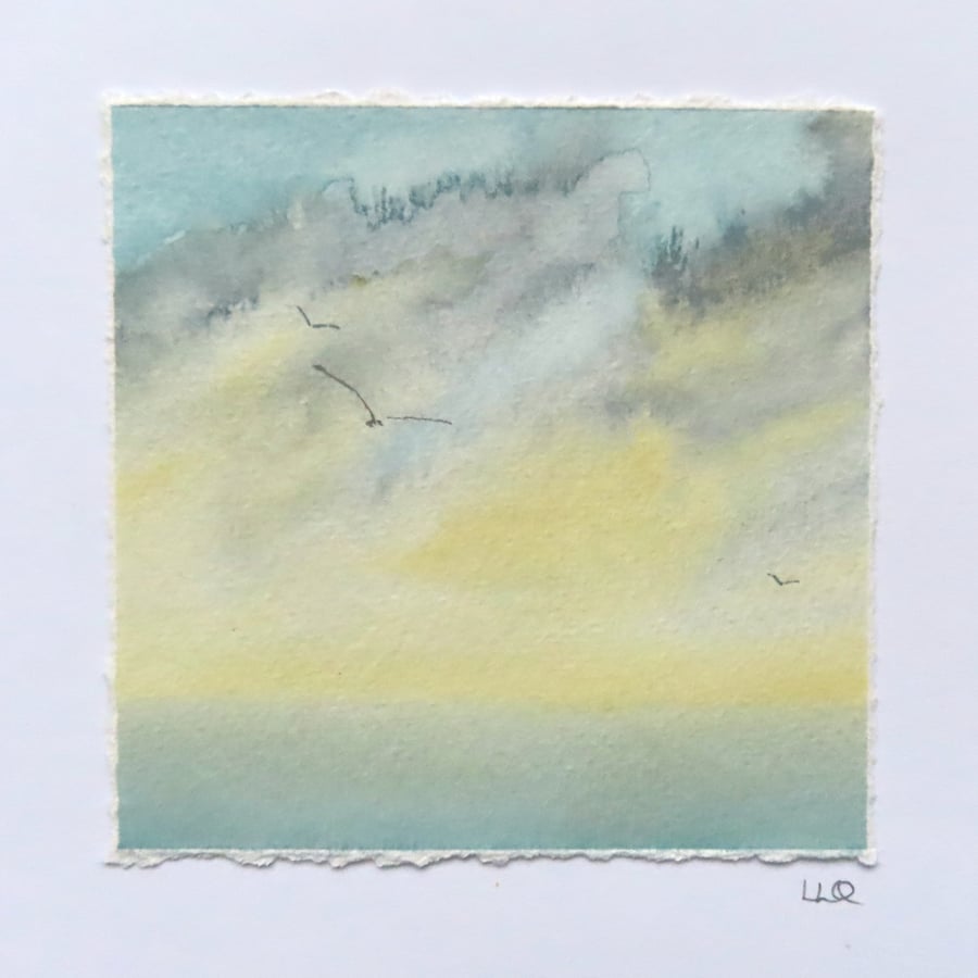 Original watercolour coastal artist card gulls over the sea blank any occasion 