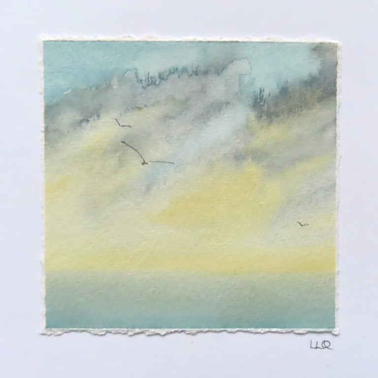Original watercolour coastal artist card gulls over the sea blank any occasion 