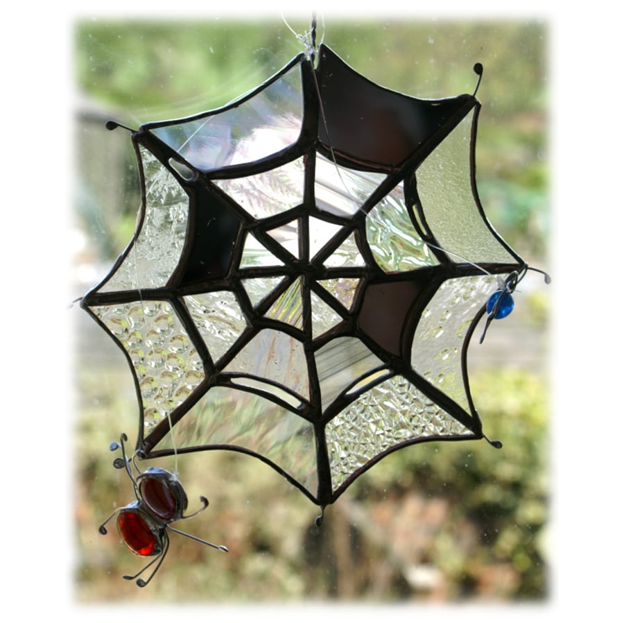  Spider's Web Suncatcher Stained Glass with red spider and blue bottle fly