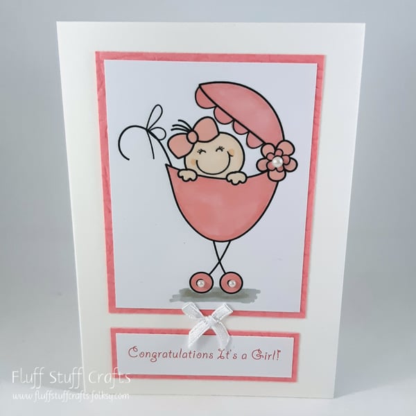 Handmade new baby girl card - baby in pram  