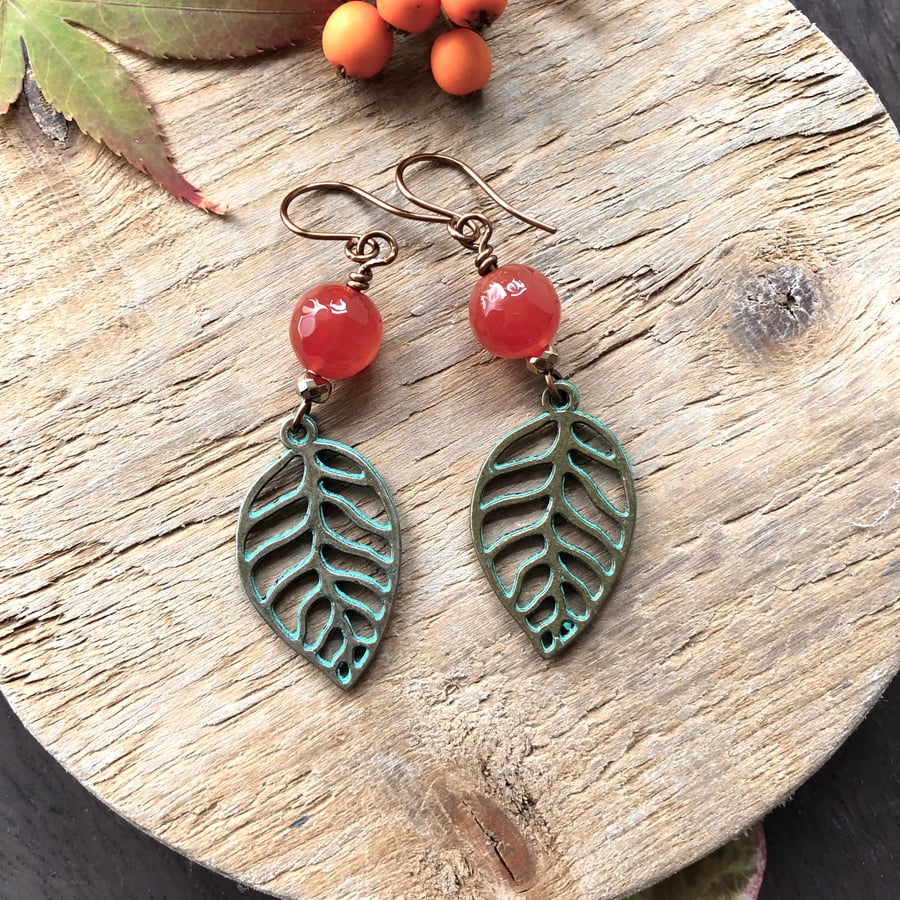 Carnelian Gemstone & Bronze Leaf Dangle Earrings, Bohemian Autumn Earrings