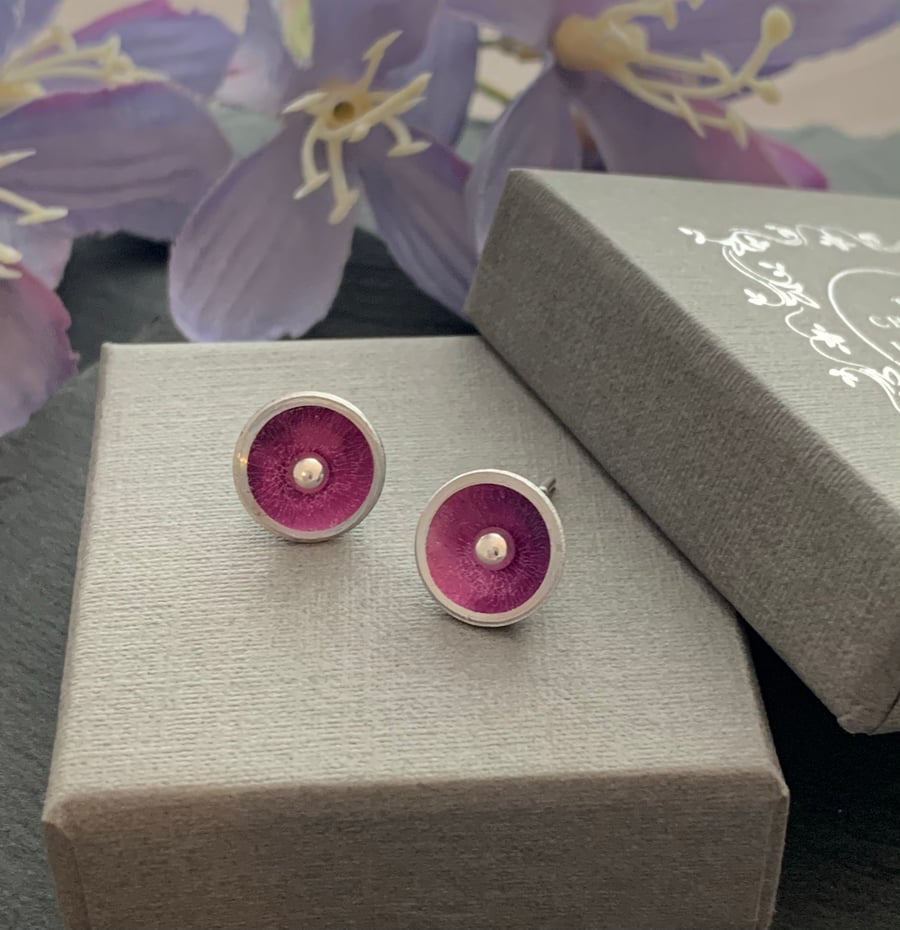 Water colour collection - hand painted aluminium sterling silver domed earrings 