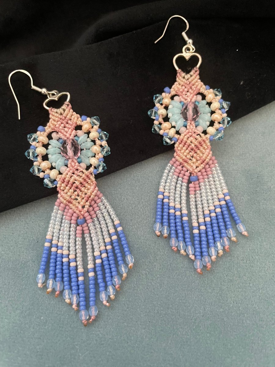 Earrings, Beautiful unique beaded micro macrame dangle fringe earrings 