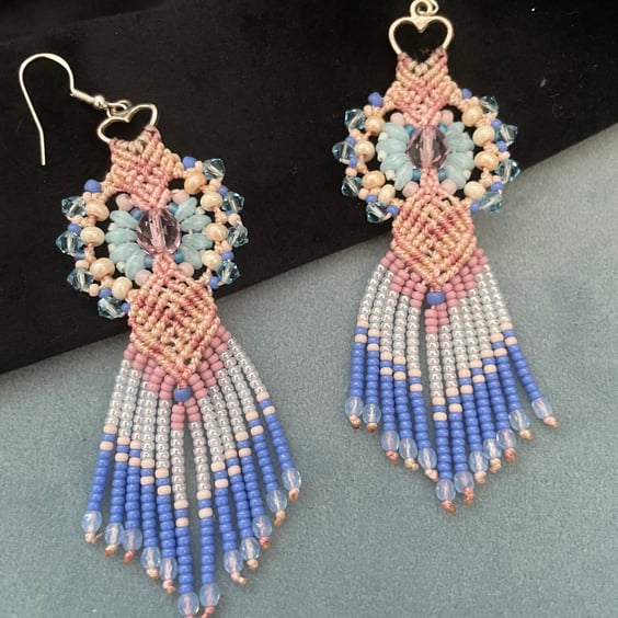 Earrings, Beautiful unique beaded micro macrame dangle fringe earrings 