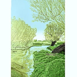 Seconds Sale 'Willows and River' Linocut Print