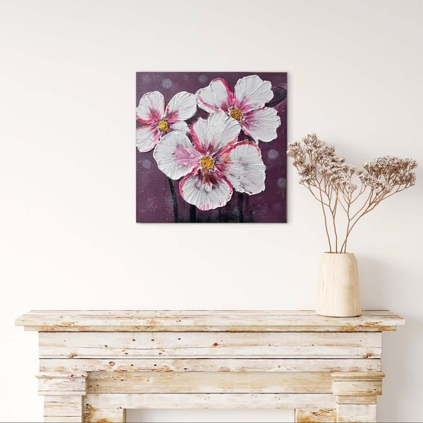 Textured Floral Canvas Painting – White & Pink Blossoms