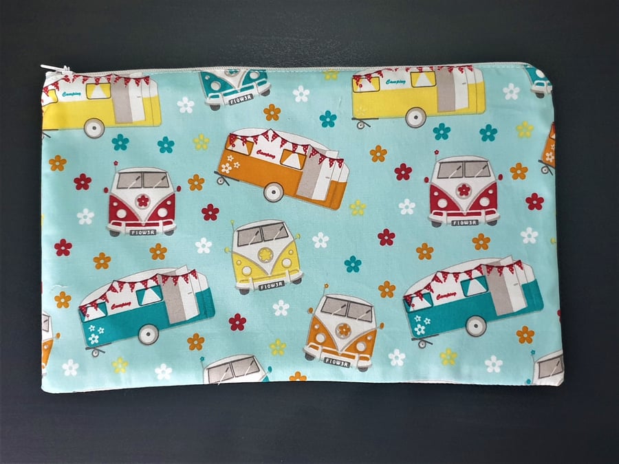 Make Up Bag with Camper Van Print and Zip Top