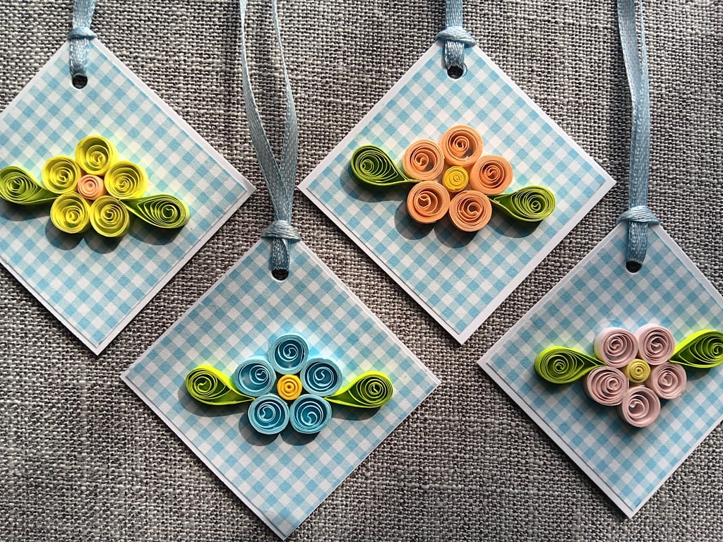 Set of 4 Pastel Quilled Flowers Gift Tags for SPRING or EASTER 5cm x 5cm