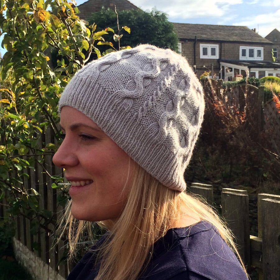 Grey Cabled Hat Knitting Kit 