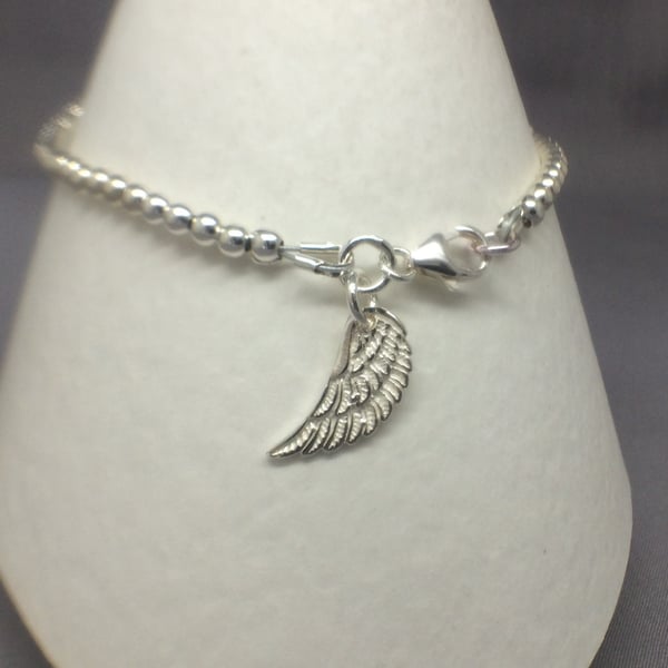 Sterling Silver Angel Wing Charm Bracelet, Beaded Ball Bracelet