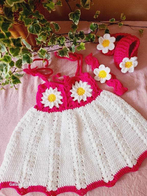 Handmade Crochet Baby Daisy Dress Set – Bright Pink & White Dress, Headband & Bo