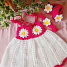 Handmade Crochet Baby Daisy Dress Set – Bright Pink & White Dress, Headband & Bo