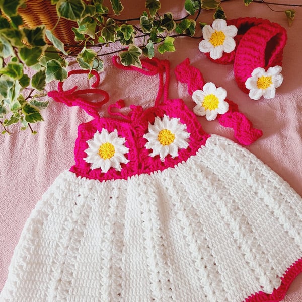 Handmade Crochet Baby Daisy Dress Set – Bright Pink & White Dress, Headband & Bo