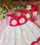 Handmade Crochet Baby Daisy Dress Set – Bright Pink & White Dress, Headband & Bo