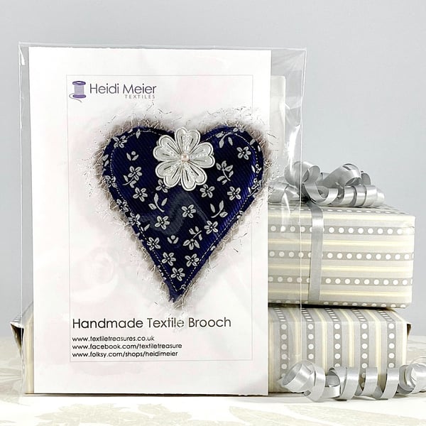 Heart brooch - navy heart textile floral flower fabric brooch or hat accessory