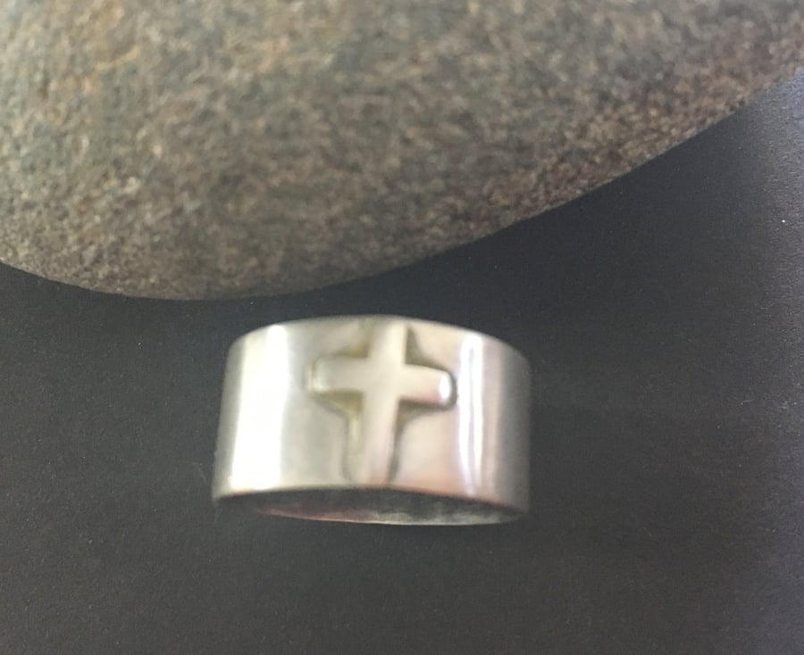 Sterling Silver Wide Band Cross Ring Unisex Ring