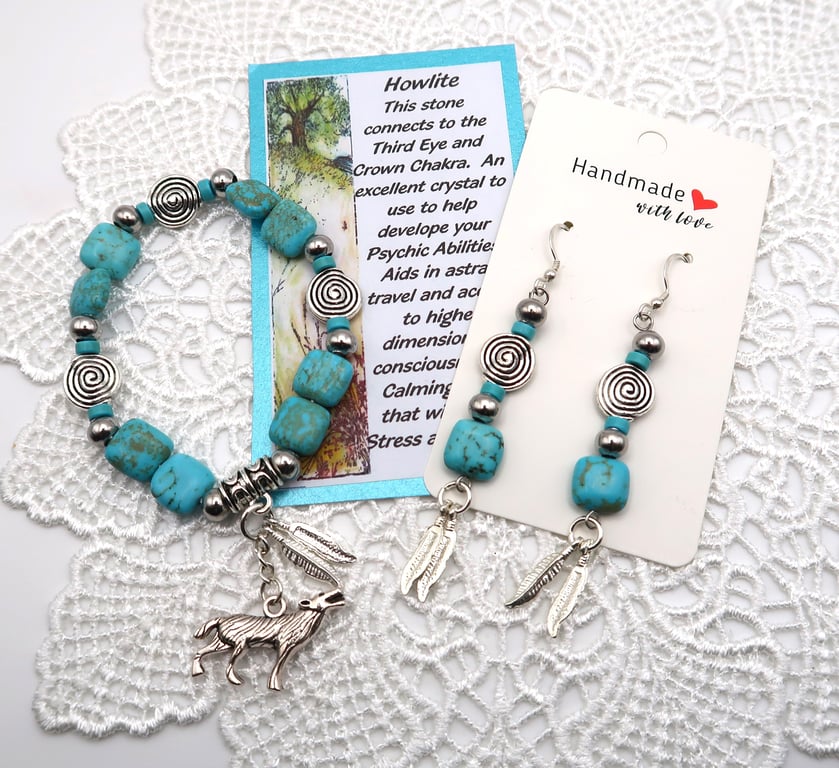 Howlite Spiral Bracelet and Earrings with Sterling Silver Wires.