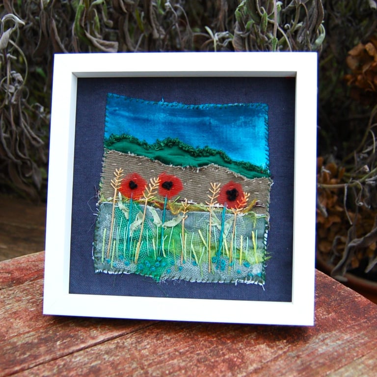 Poppies at dusk - upcycled fabric, hand embroidered miniature picture