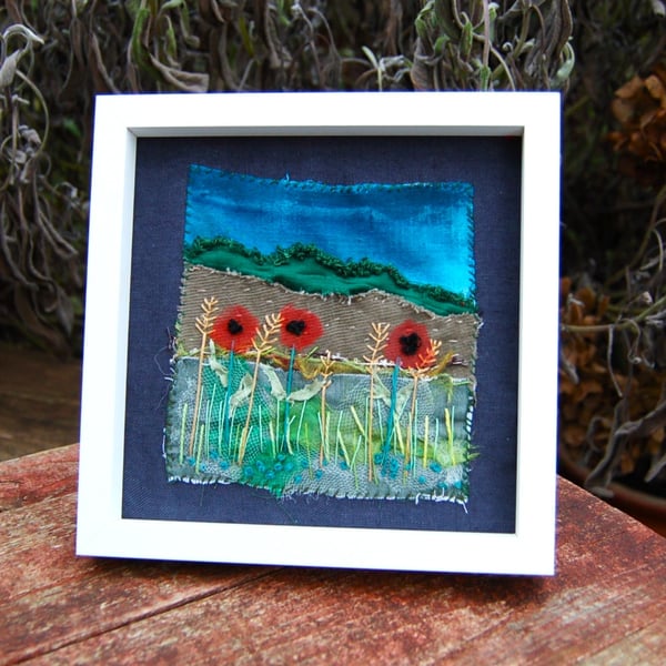 Poppies at dusk - upcycled fabric, hand embroidered miniature picture