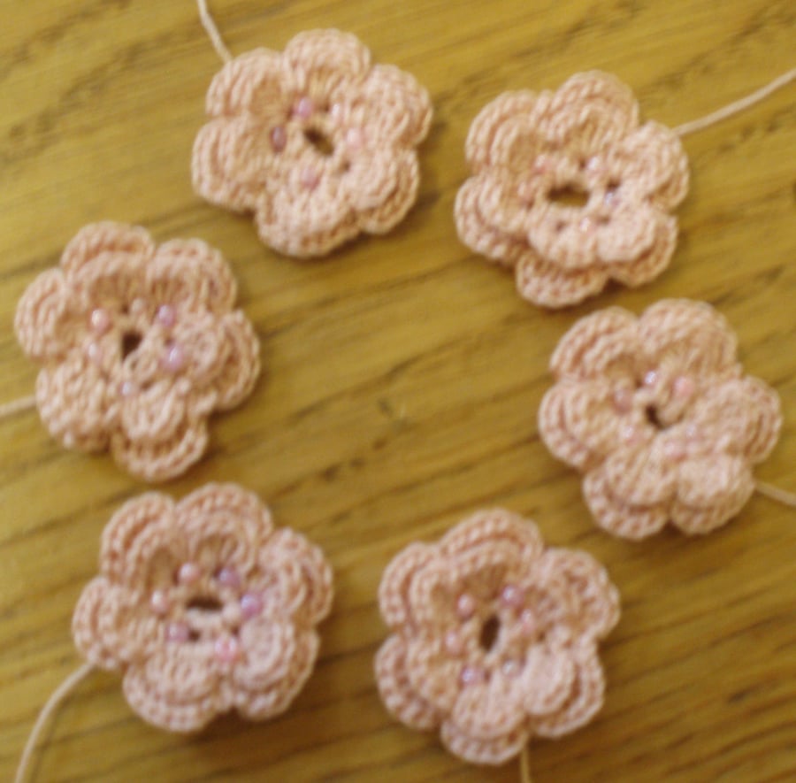 6 HANDMADE COTTON FLOWERS - DARK PINK & BEADS - FOR USE IN CRAFTS & PROJECTS