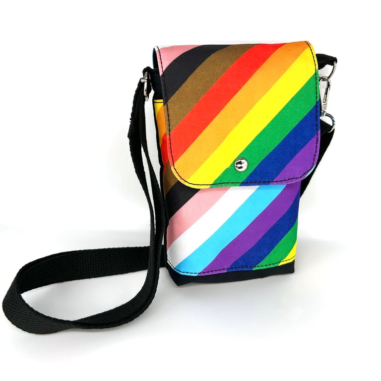 Pride LGBTQIA crossbody bag. Rainbow fabric front with black 100% cotton