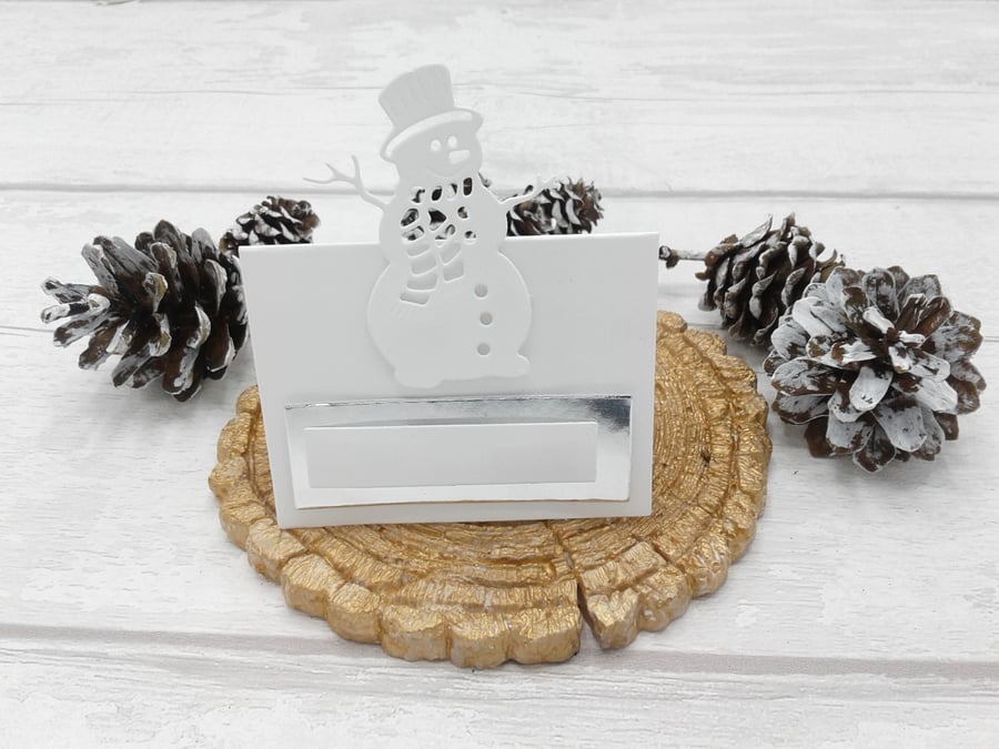 Christmas place settings. 10 luxury snowman place cards. White & silver