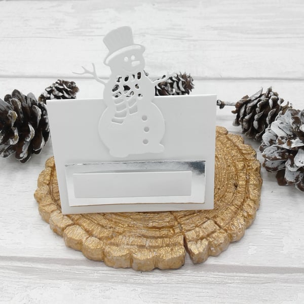 Christmas place settings. 10 luxury snowman place cards. White & silver