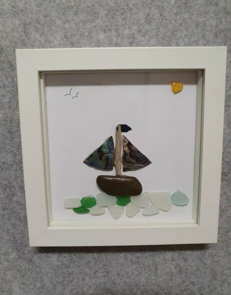 Pebble and Sea Glass Sailing Boat Picture