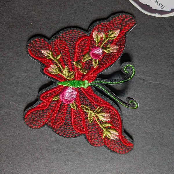 Butterfly Red - Embroidered Iron on Patch