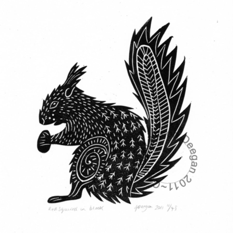 Original lino cut print "Red Squirrel" in black
