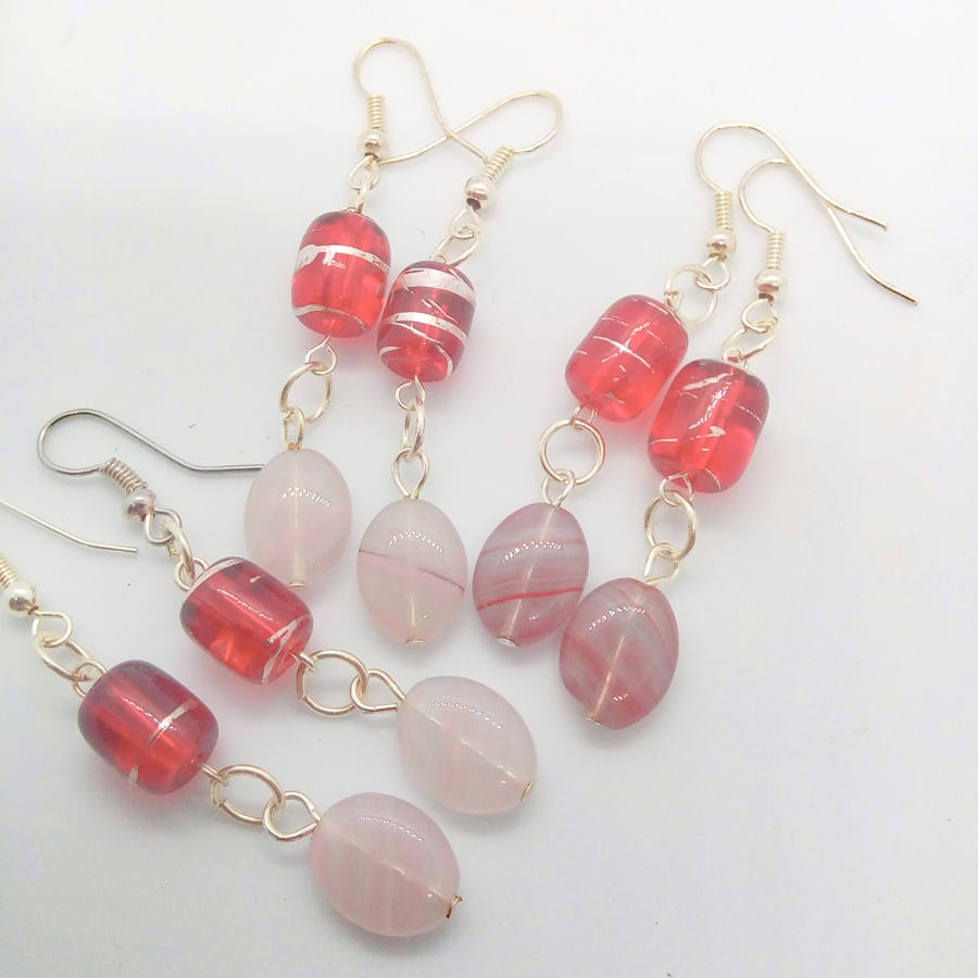 Pink Opaline Oval beads with Red Glass Tube Bead Earrings for Pierced Ears